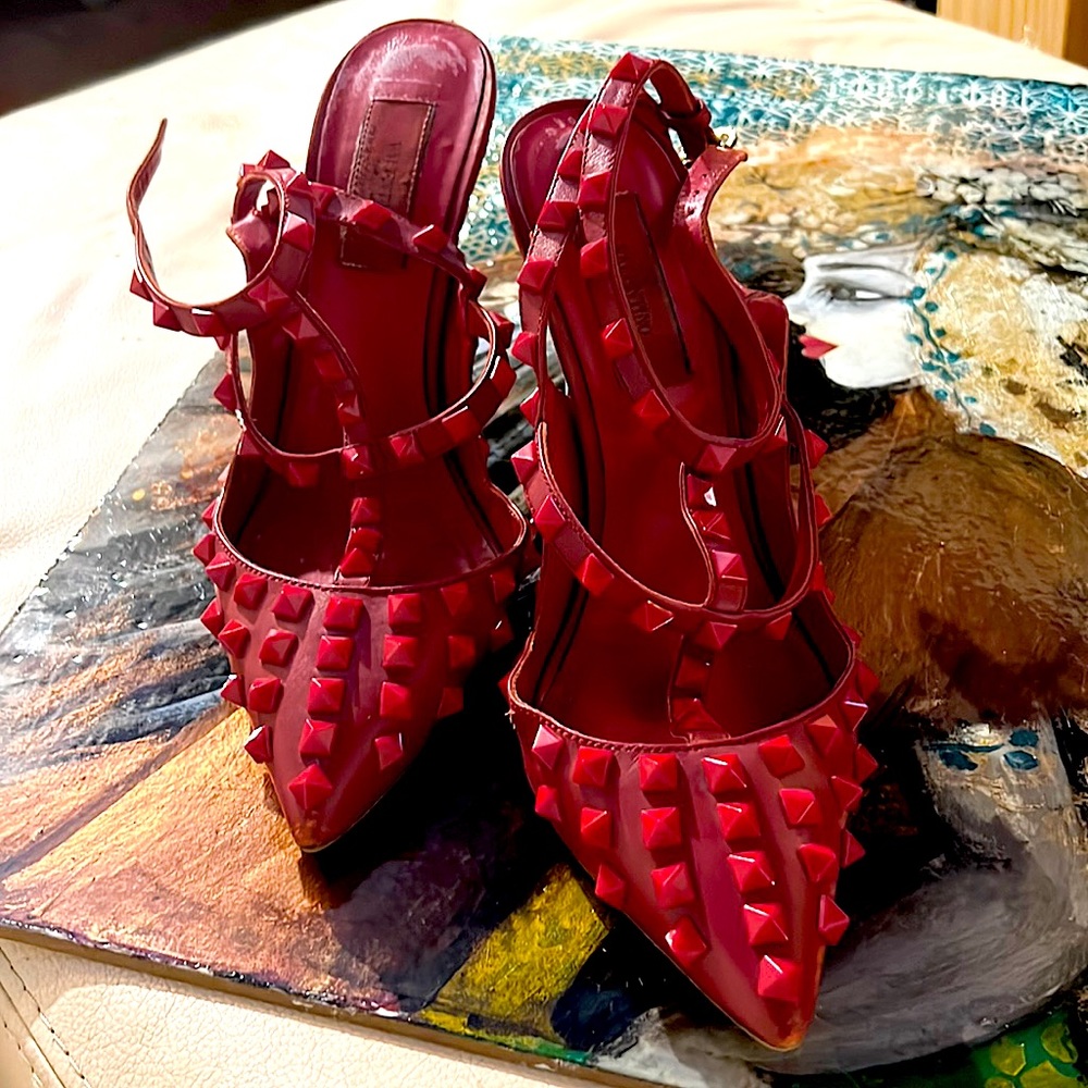 Valentino Rockstud Rouge (Red on Red)100mm Authentic w/box pre-owned VGC CAGED